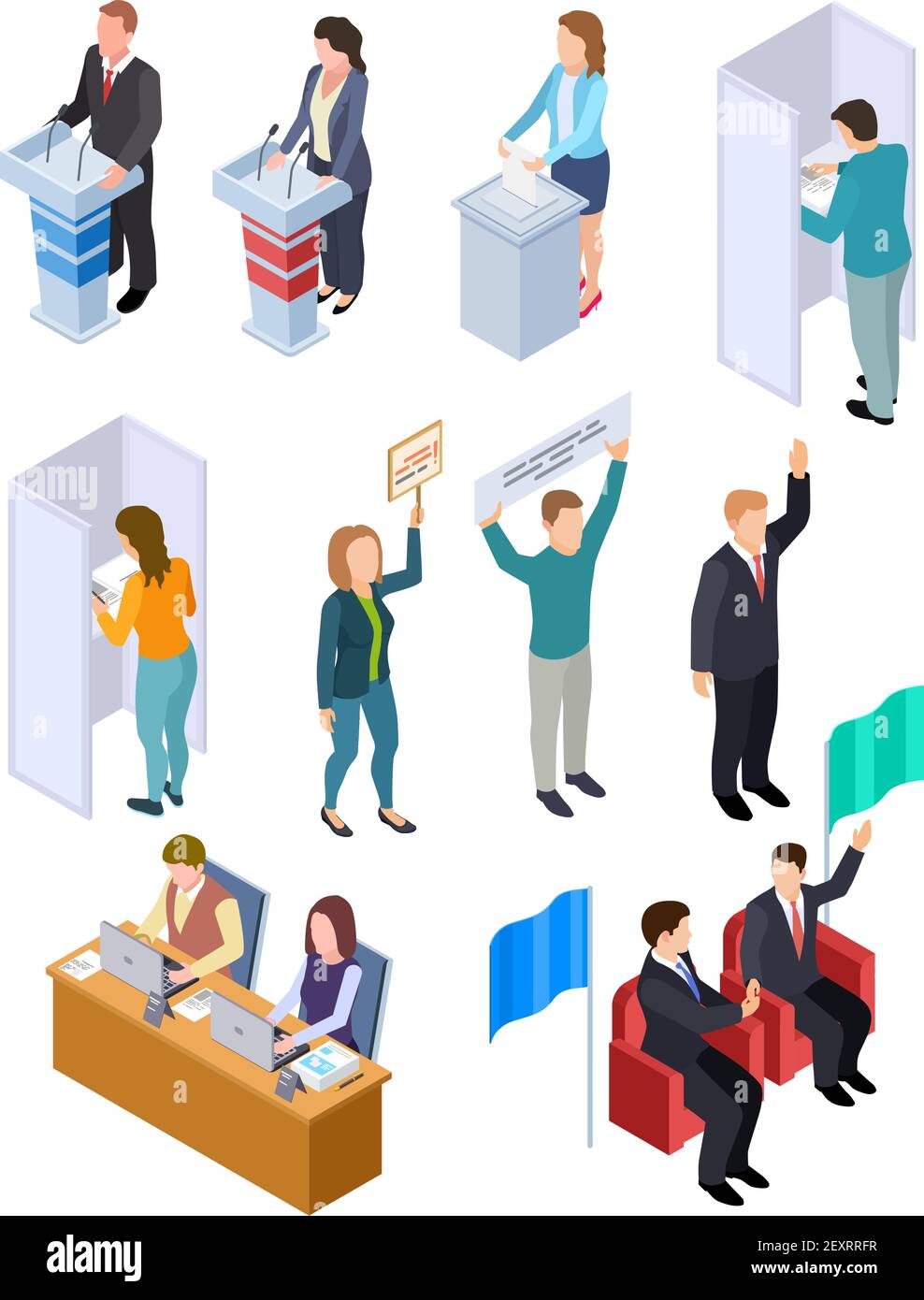 People election isometric. Politic voting booth political debate voters debating candidate decision vote interview vector isolated set. Political ballot, vote people democracy illustration Stock Vector