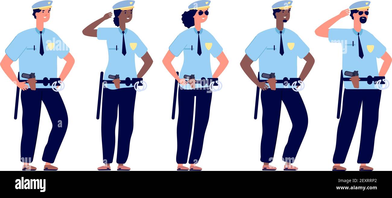Policeman group. Police officers, police man and police woman in cops uniform. Professional security patrol law justice, vector characters. Cop officer, profession agent policeman illustration Stock Vector
