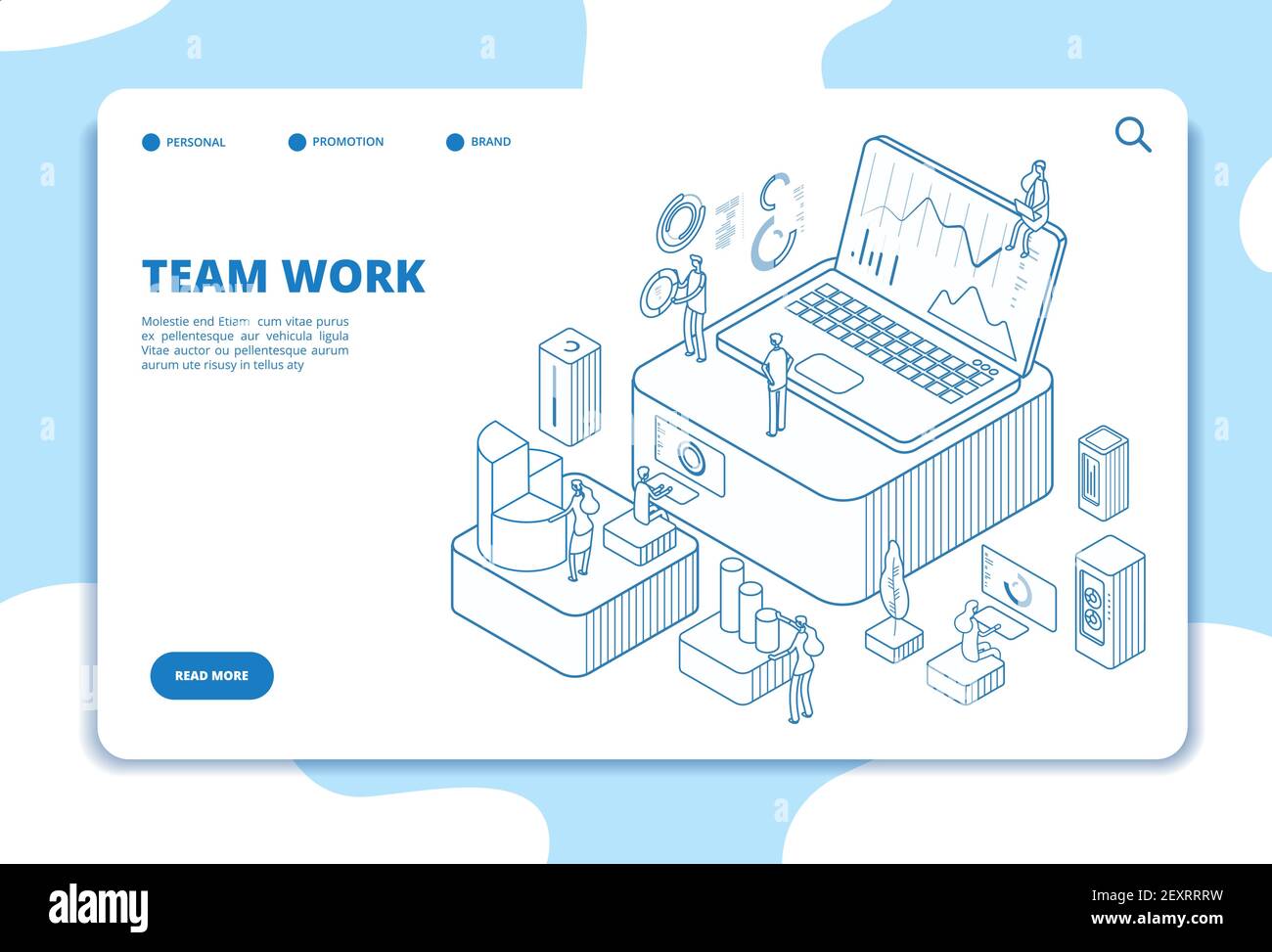 Teamwork landing page. People working with diagrams. Data analysis and professional cooperation. Isometric vector business concept. Illustration business teamwork, isometric 3d web page Stock Vector