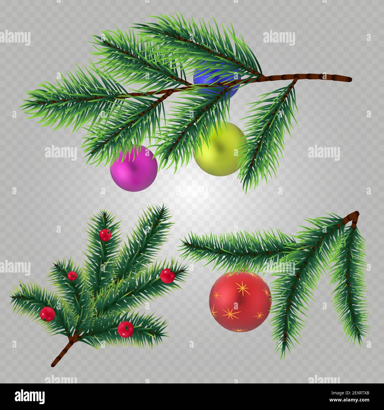 Vector realistic christmas fir tree branches with balls and berries isolated on transparent background. Christmas tree branch evergreen, glitter light toys illustration Stock Vector