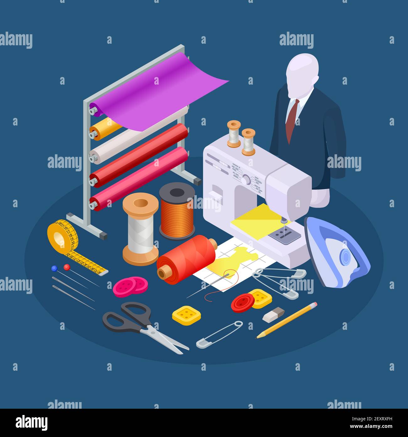 Textile industry composition. Isometric sewing vector. Sewing workshop collection. Illustration sewing and tailoring, workshop machine and equipment for handmade Stock Vector