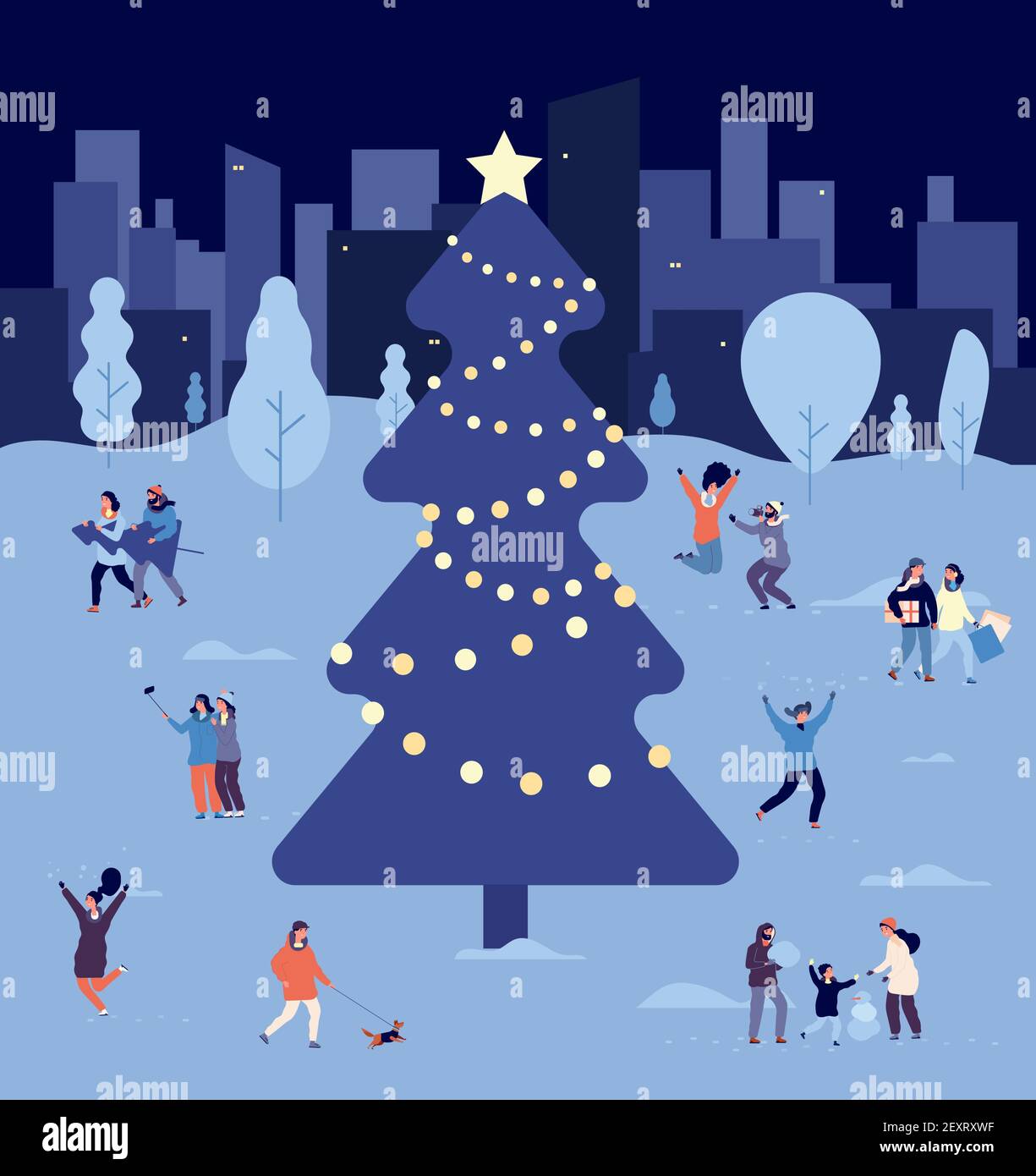 People at christmas tree. Crowd celebrate christmas and new year winter holidays on snowy city square. Xmas holidaying vector concept. Illustration christmas city, winter urban event xmas Stock Vector