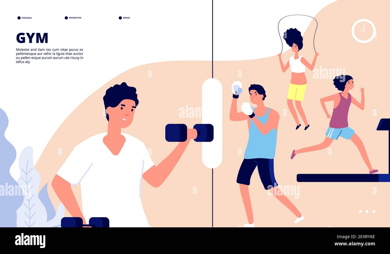 Gym landing. People doing fitness exercises, cardio training and weight lifting in gym. Online vector workout web page template. Illustration exercise and training in gym workout activity Stock Vector