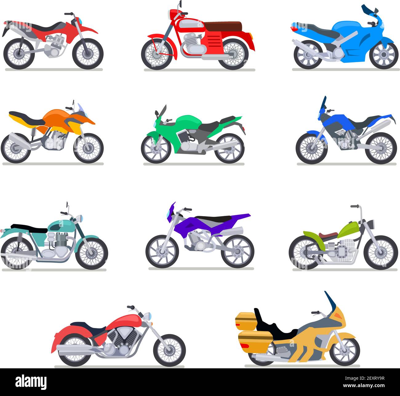 Motorcycle set. Motorbike and scooter, bike and chopper. Motocross and delivery vehicles side view isolated vector flat icons. Scooter and motorcycle, illustration transport bike Stock Vector