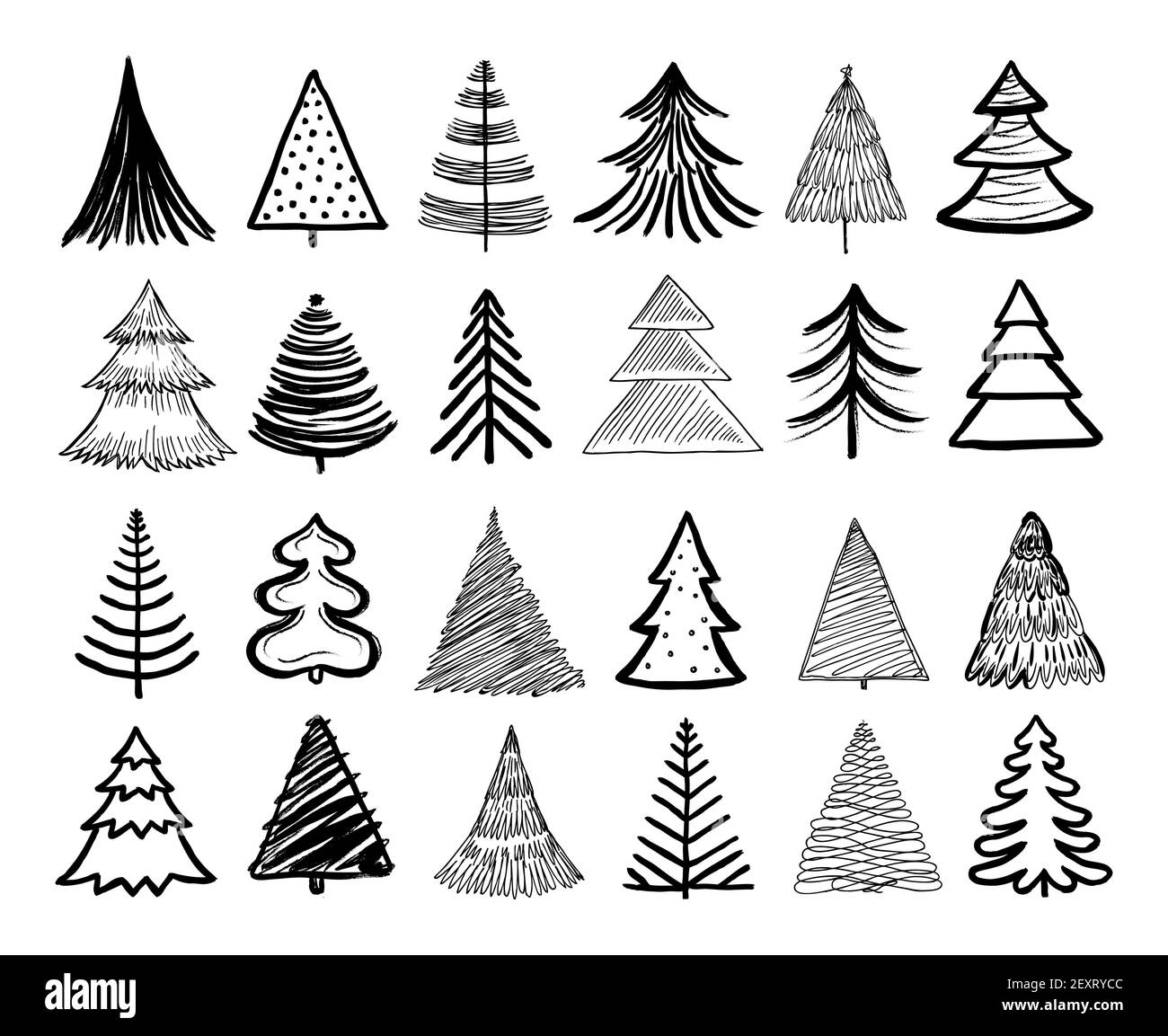 Doodle christmas tree. Winter holiday hand drawn elements. Retro xmas trees and happy new year sketch graphic vector isolated set. Illustration tree xmas sketch, artistic christmas doodle Stock Vector Image & Art -