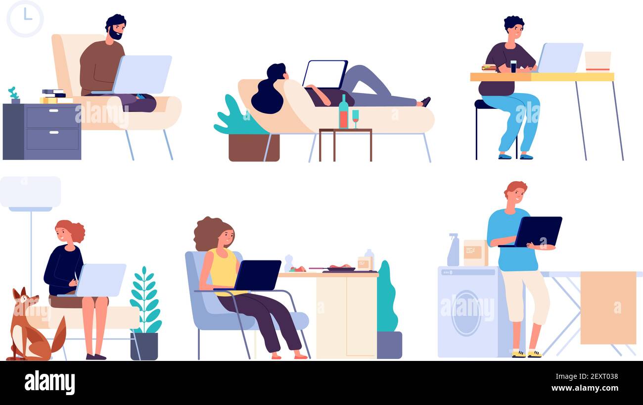 People surfing internet. Man and woman online with gadget, laptop. Guys spend time in internet shopping and chatting vector flat set. Illustration surfing networking, using web chatting communication Stock Vector
