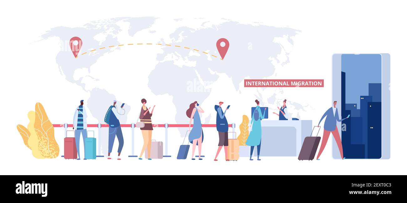 International migration concept. Immigrants queue, world map and destination points. Vector global migration, flat people with travel bags. Illustration global international migration, crisis jobless Stock Vector