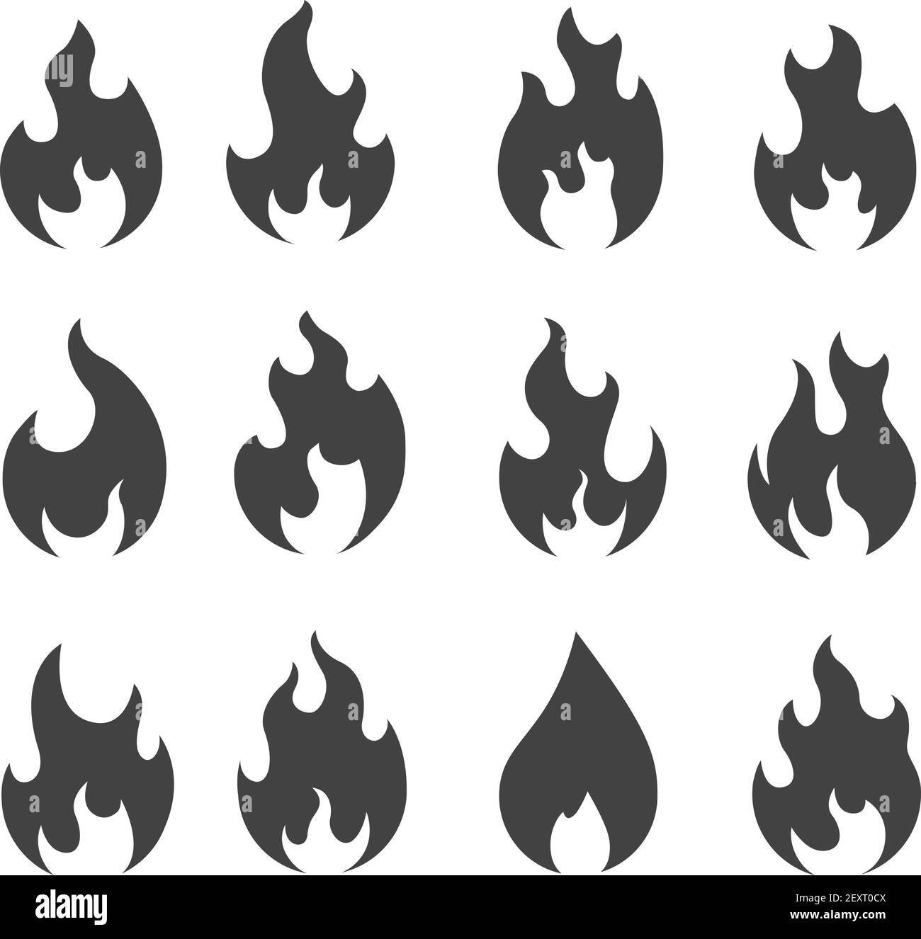 Fire silhouettes. Simple black outline fire flames, campfire isolated icons, ignite and fiery explosion signs Vector set of fire and flame, hot blaze campfire illustration Stock Vector