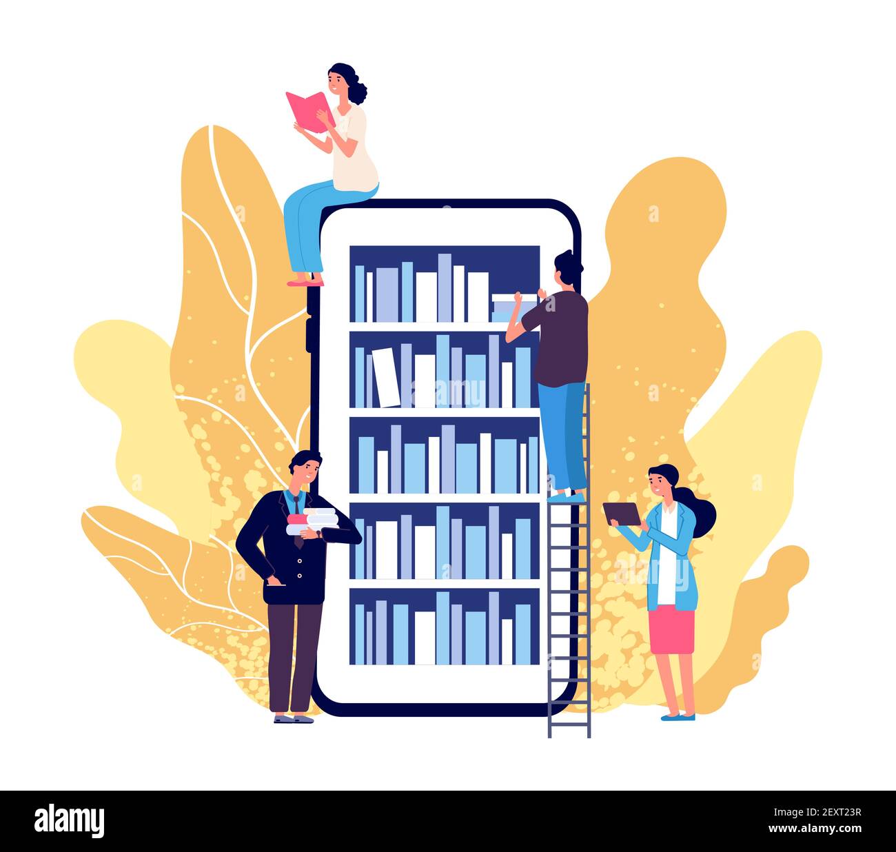 Online library. People reading books. Vector smartphone with reader app. Online book store