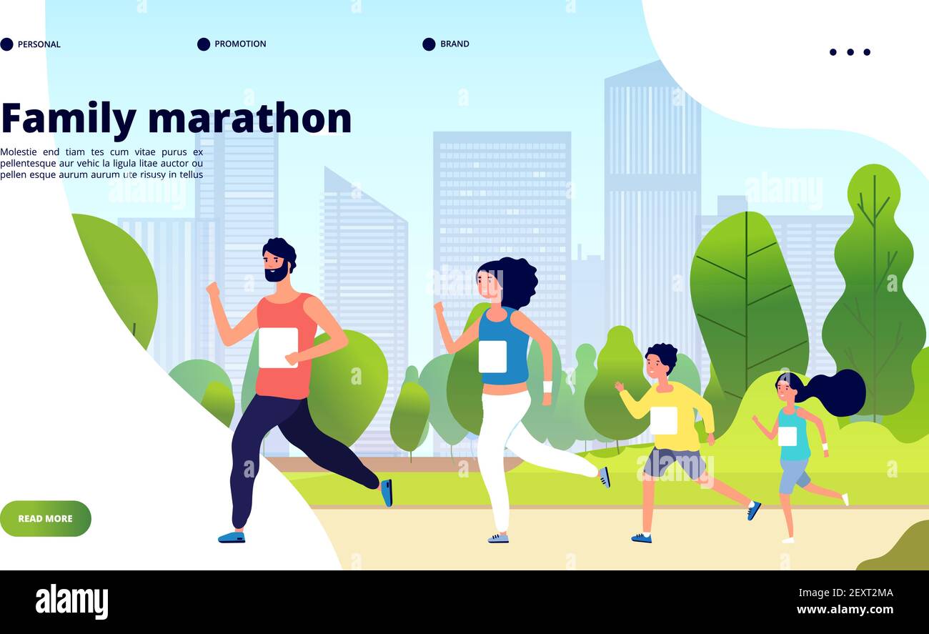 Family marathon. Dad, mom and kids running together in summer city park. Healthy lifestyle, children jogging training vector concept. Illustration family run, dad and mom, happy running people Stock Vector