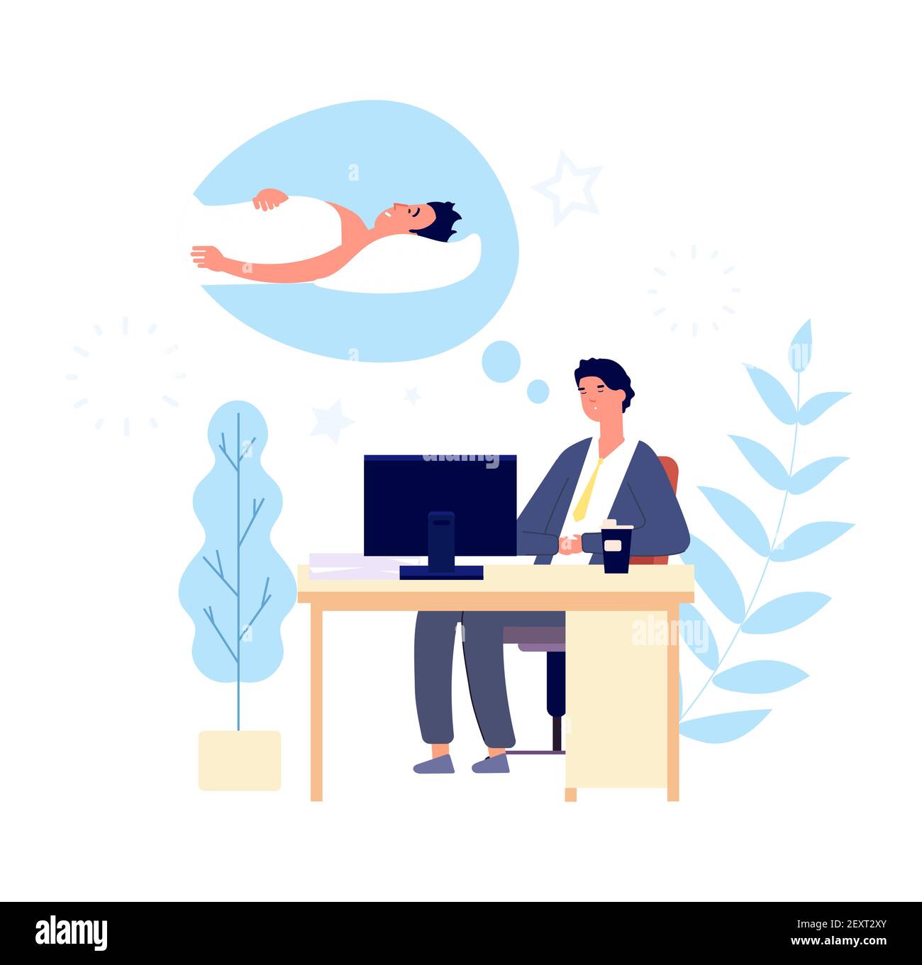 Sleepy man. Guy wishing sleep at office in morning. Tired adult sad person  desirous rest. Cartoon vector manager at work character. Illustration person  sleepy at work, tired man Stock Vector Image &