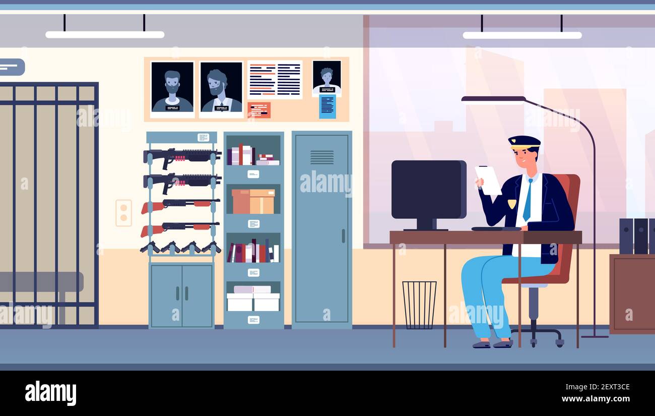 Police office. Law enforcement room city department. Cop in uniform working on professional investigator in cabinet interior vector concept. Illustration cop office, city station department police Stock Vector