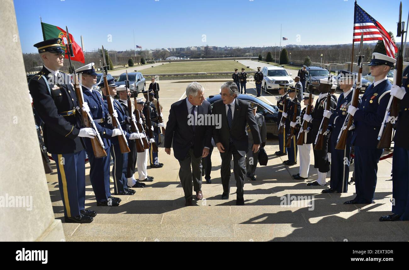 Secretary Of Defense Chuck Hagel Hosts An Honor Cordon To Welcome Portugal S Minister Of National Defense Jose Pedro Aguiar Branco To The Pentagon March 31 14 Photo By Glenn Fawcett Dod Sipa Usa Stock Photo