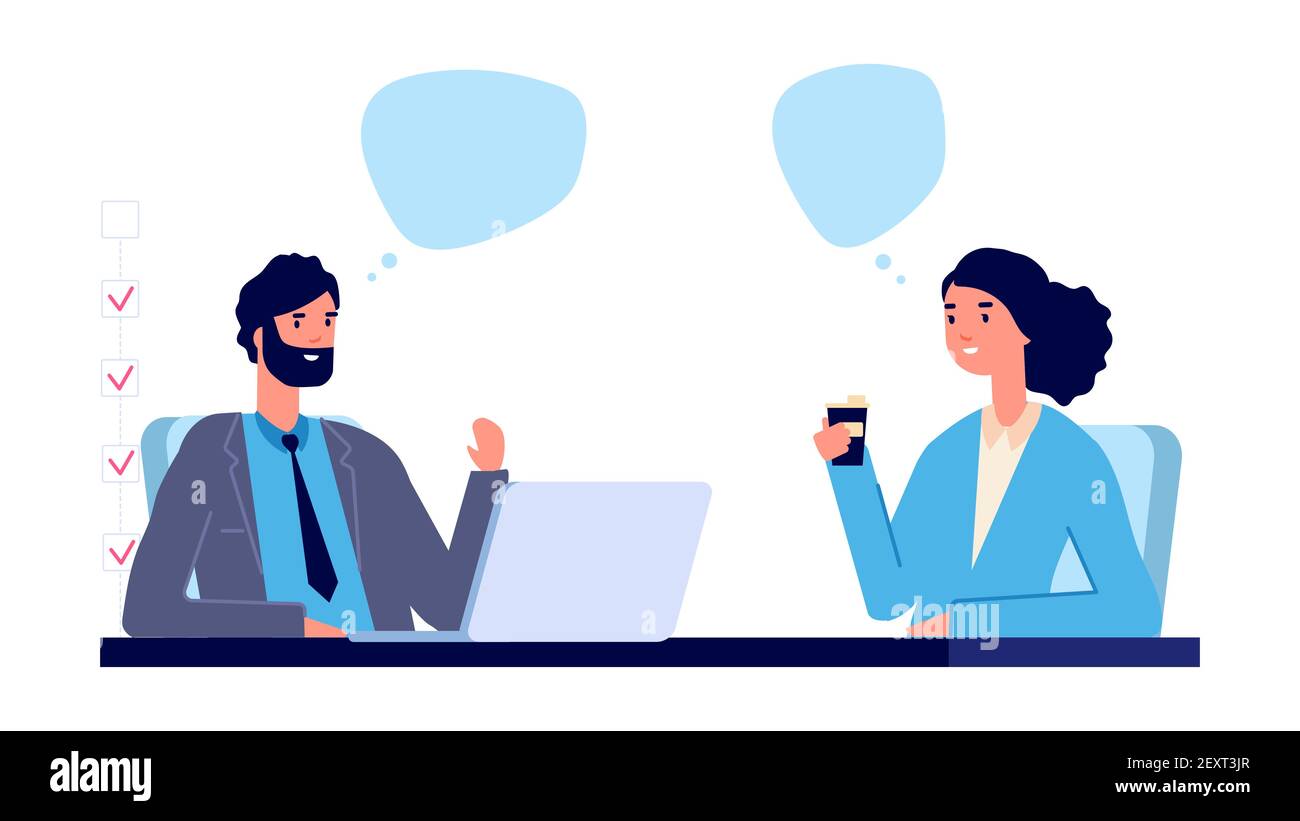 Employment concept. Business interview vector illustration. Flat business male and female characters. Man and woman talking at work. Employee character hiring worker, recruit department illustration Stock Vector