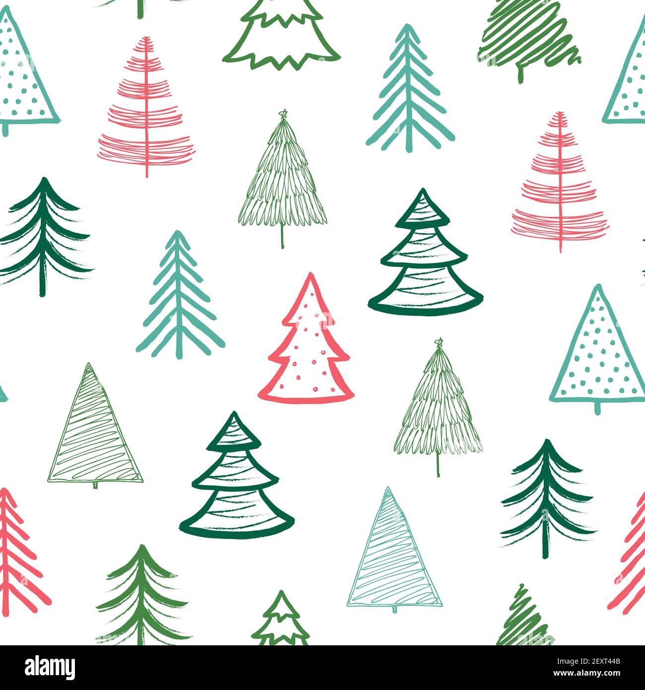 Doodle fir-tree pattern. Christmas tree handmade wallpaper. Xmas spruce cute sketch vector winter holiday seamless texture. Xmas sketch spruce, firtree repetition backdrop pattern drawing illustration Stock Vector