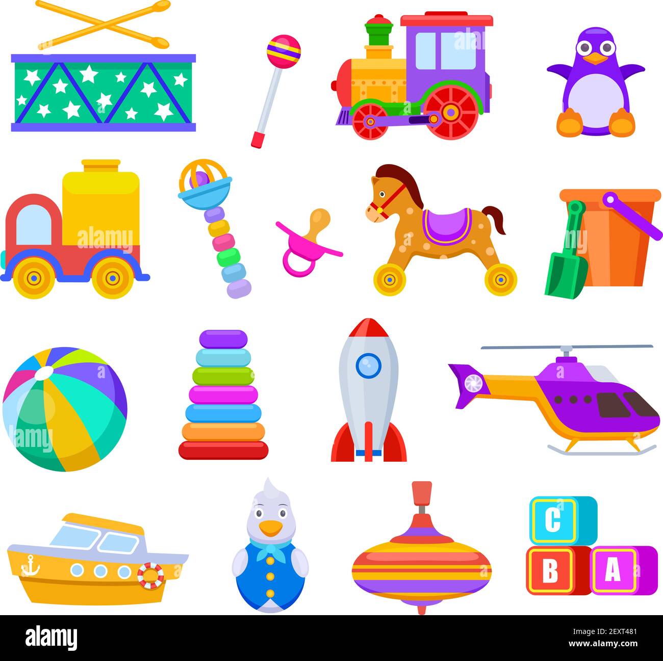 Kid toys. Drum and train, penguin and truck, ball and ship, helicopter