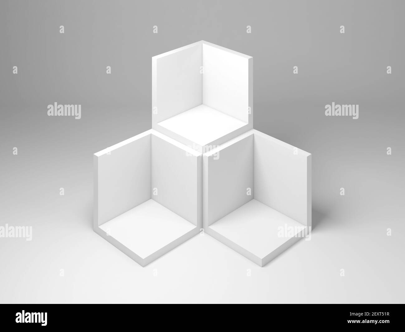 Abstract white geometric installation with pyramid of empty boxes, package mock up. 3d rendering illustration Stock Photo