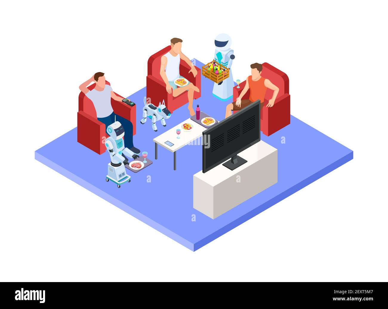 Robotic service staff. Vector people and androids. Isometric servant robots and men resting. Artificial humanoid worker, robotic help people illustration Stock Vector