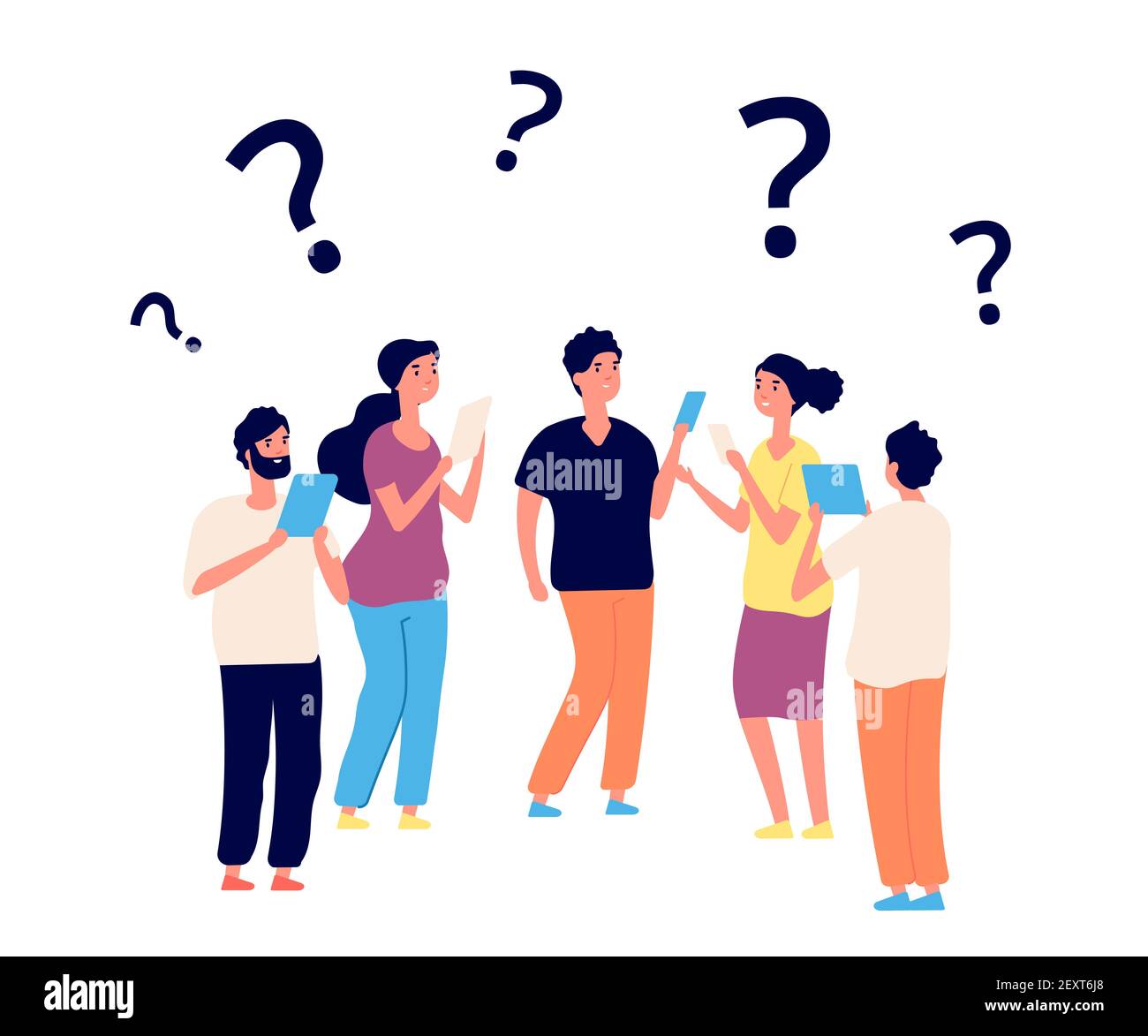 Finding solution. Thinking people, teamwork. Vector persons think with question marks. Question problem, solution idea, people riddle illustration Stock Vector
