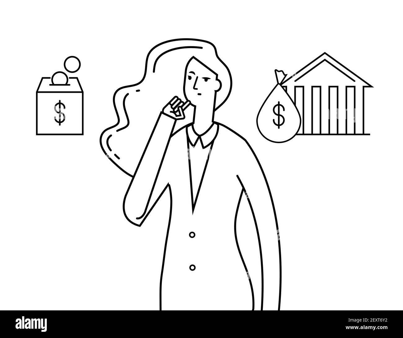 Budget planning. Economy money plans, thinking girl. Woman chooses between bank and home saving. Vector planning investing concept. Saving or investment, budget economy finance illustration Stock Vector