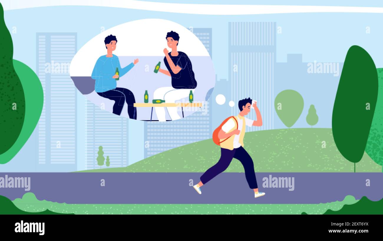 Hangover concept. Guy after party walking to office in morning. Man hangover syndrome vector illustration. Tired adult sad person desirous rest. Morning hangover way to work Stock Vector
