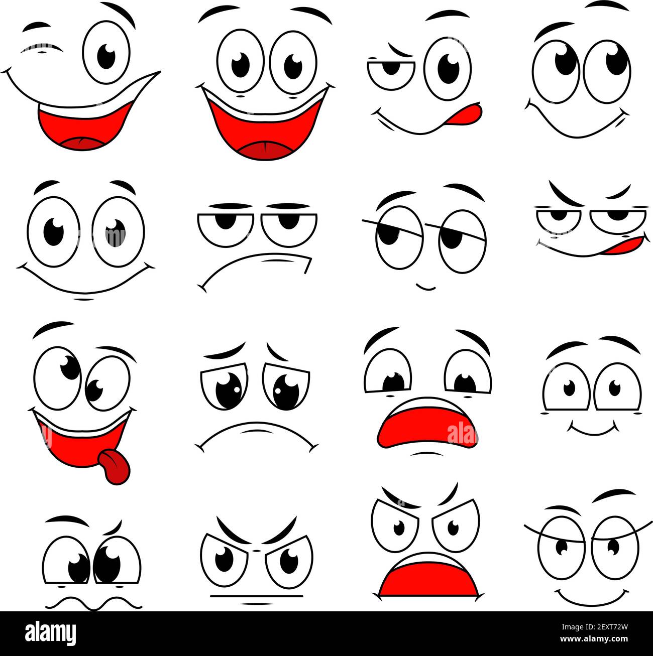 Cartoon expressions. Cute face elements eyes and mouths with happy, sad and angry, disbelief emotions. Caricature vector characters. Angry expression emotion, happy sketch and laugh illustration Stock Vector