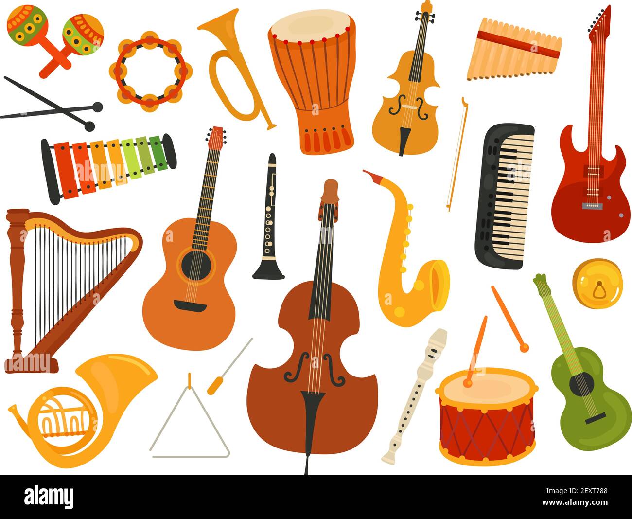 Musical instruments. Music sound instrument, harp and flute, synthesizer and drum. Graphics instrumental toys. Vector melody festival set. Illustration synthesizer and flute, guitar and harp Stock Vector