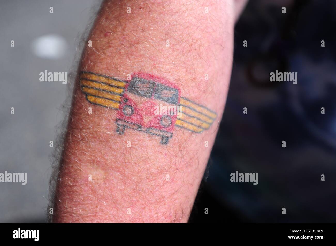 Sage Wolffeather displays his Type 1 Volwswagen Bus tattoo in Portland on  May 11th 2014. (Photo by: Alex Milan Tracy/Sipa USA Stock Photo - Alamy