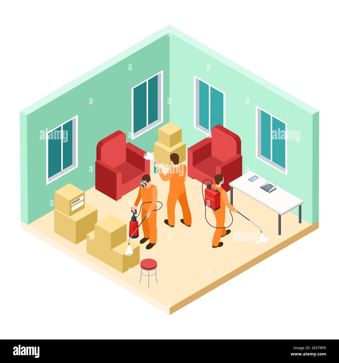 Isometric disinfection service. Vector pest control. Disinfectors work in living room. Isometric control cockroach and disinfection extermination illustration Stock Vector