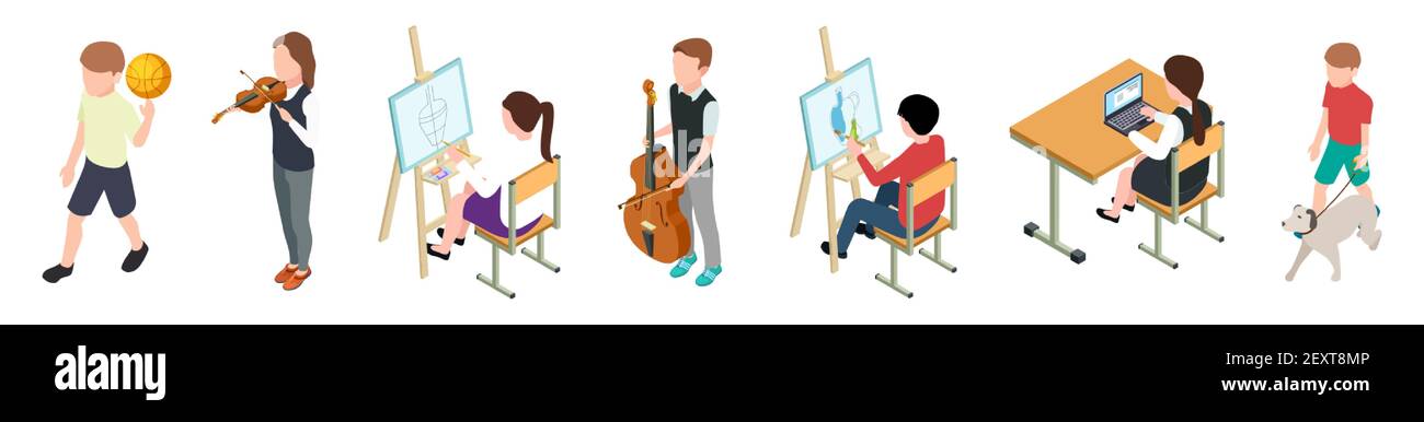 Children and hobbies. Isometric kids set. Vector hobby for drawing ...