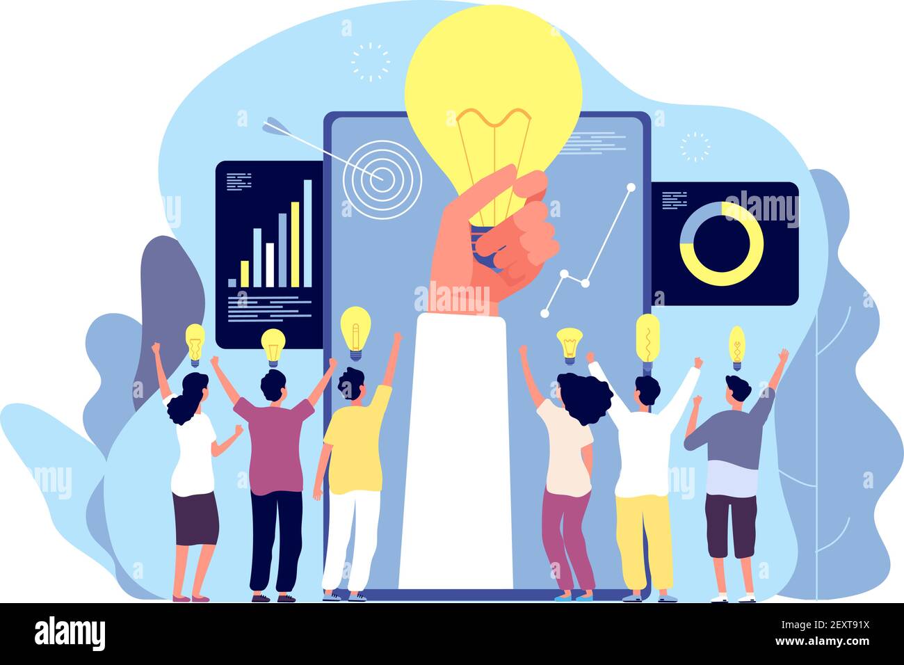 People with creative idea. Brainstorming with team and light bulbs, businessmen search solution. Innovation, leadership vector concept. Illustration idea leadership, people team success Stock Vector