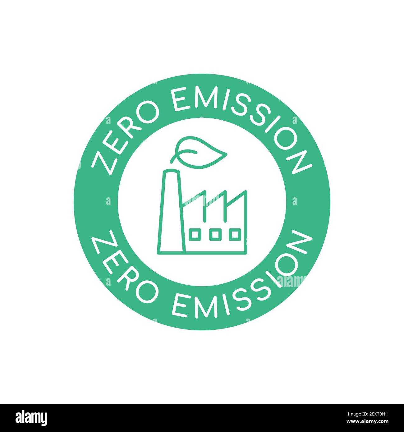 Zero emission factory logo. Industrial building chimney with green leaf