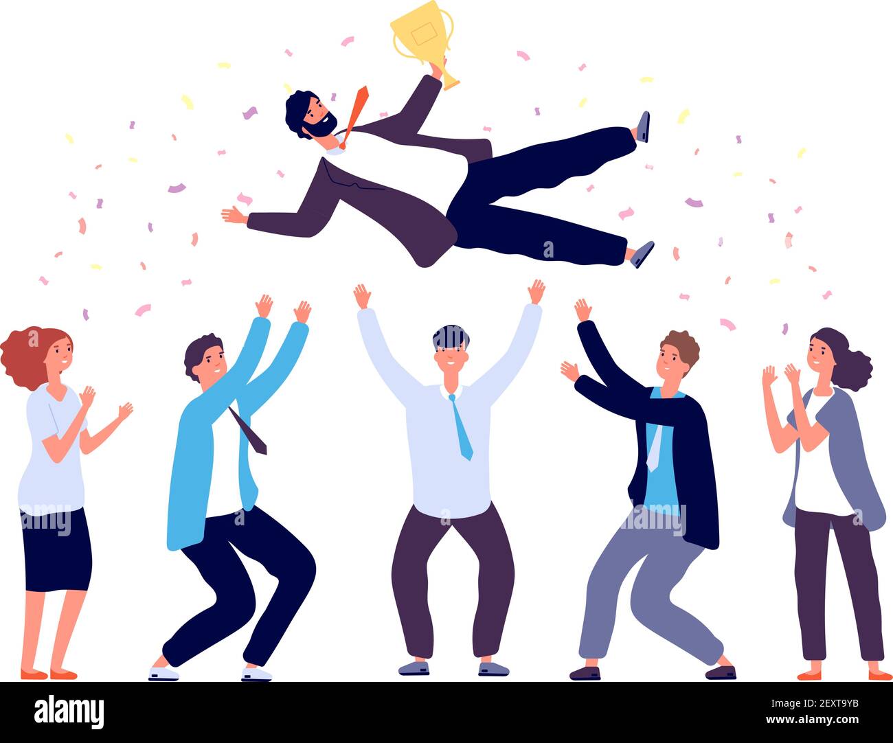 Team tossing man in air. Business people group celebrating success victory. Corporate achievement, winner award celebration, vector concept. Achievement award winner corporate teamwork illustration Stock Vector