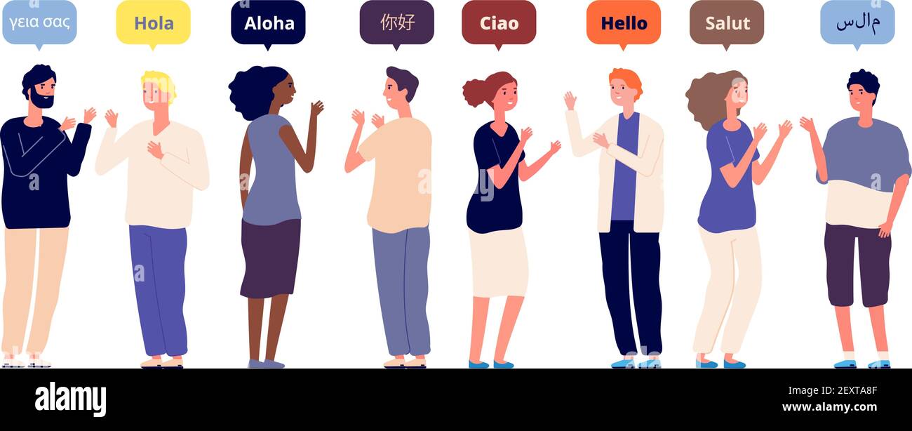Greeting in native languages. International multiracial friends speech hello. Foreign language, women men greet each other vector concept. Illustration native language speech hello Stock Vector