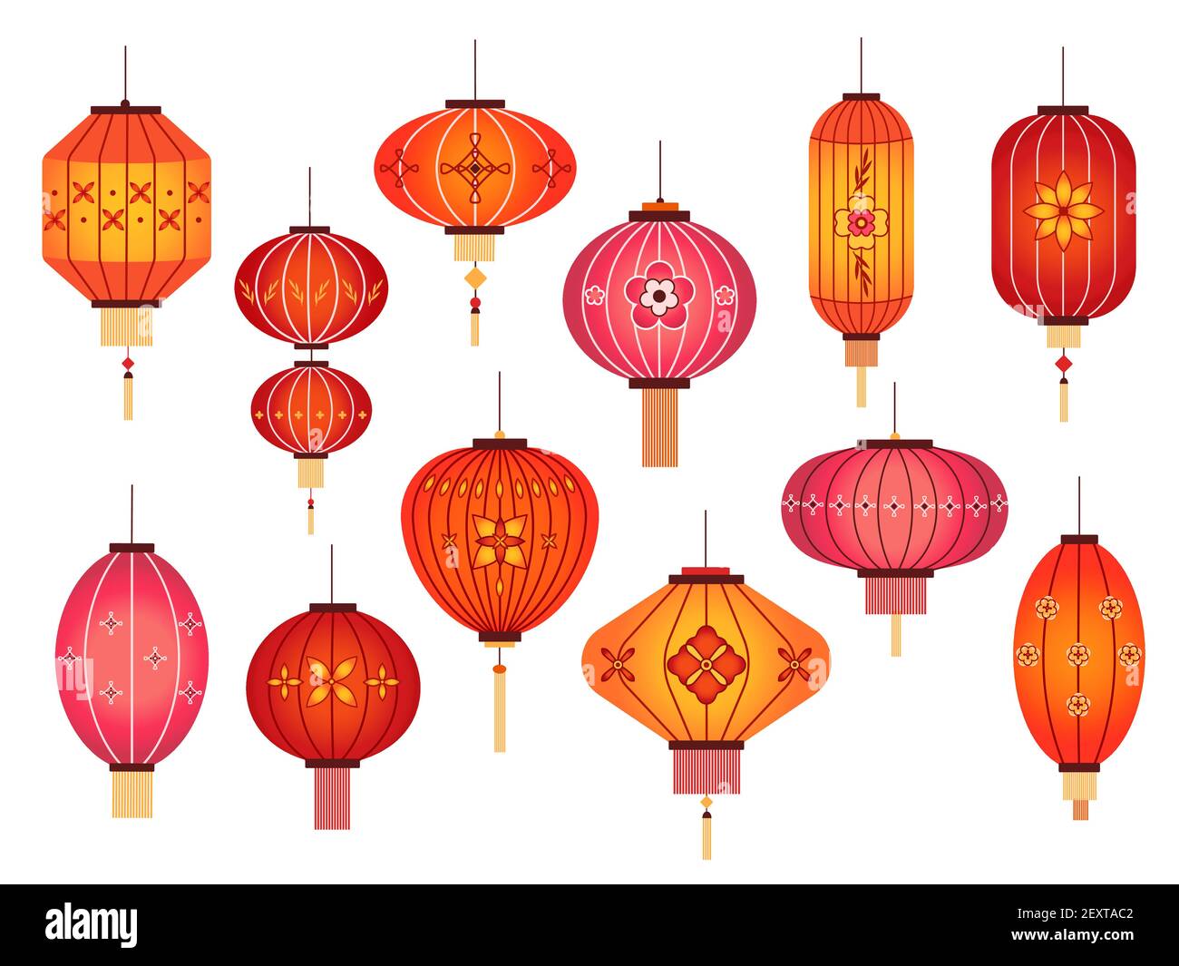 Chinese lanterns. Chinatown and japanese street holiday red lamp decoration. Asian traditional new year vector elements isolated on white Stock Vector