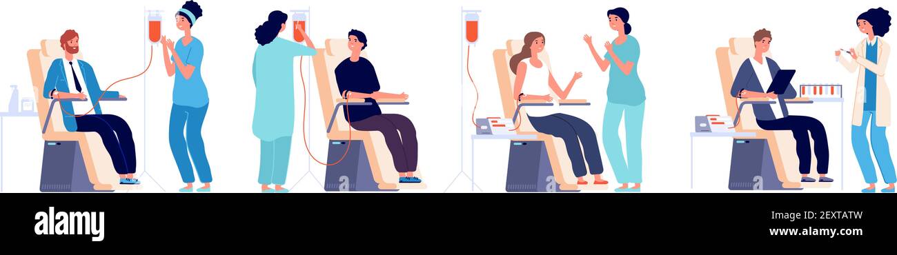 Blood donors. Volunteers man and woman with nurses Donating Blood in hospital. Vector set blood donate, volunteer give donation illustration Stock Vector