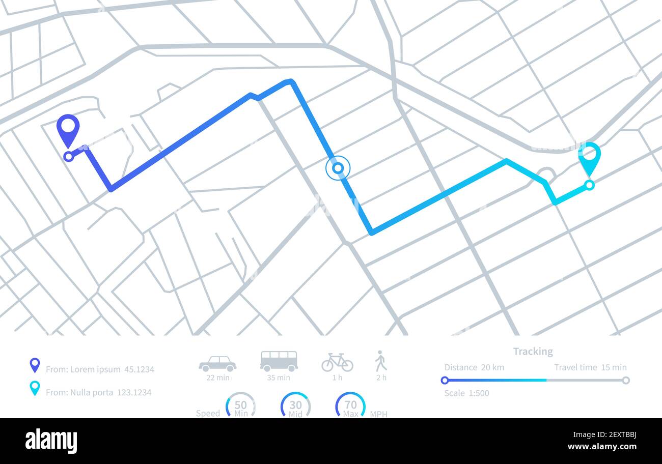 GPS navigation. Planning routes. Mobile navigating map with location city streets. Distance 