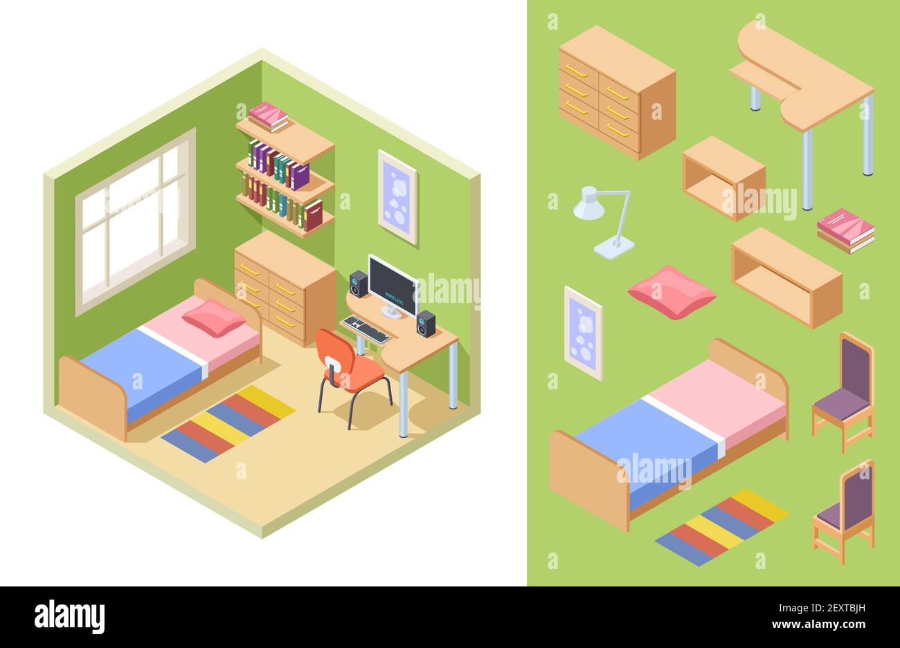 Teenagers room isometric. Vector bedroom concept. Interior for student ...