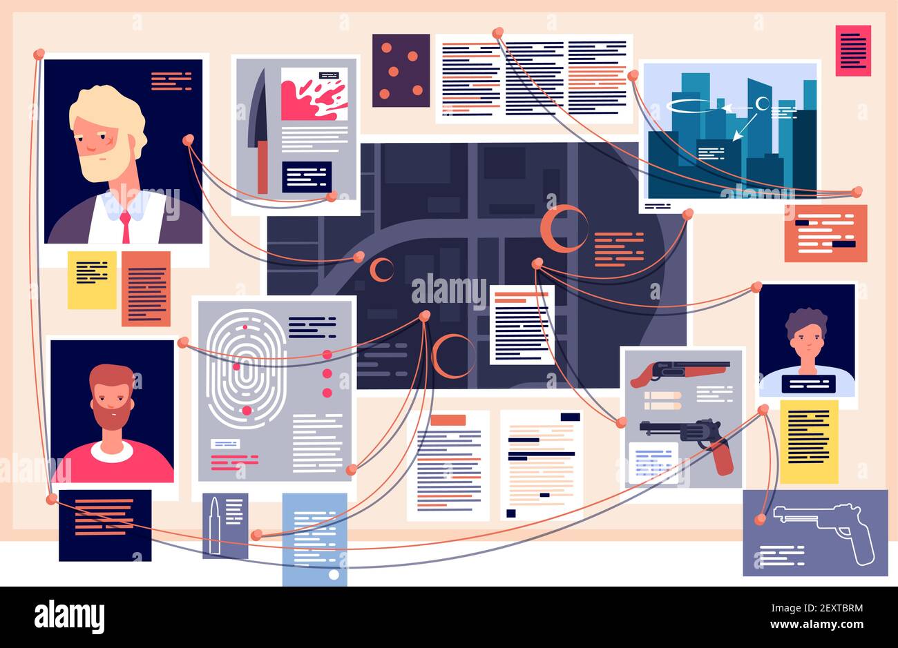 Detective board. Investigation dashboard with pinned photos, newspapers and note. Detectives evidence, research scheme vector concept. Illustration of crime detective, investigation and search Stock Vector