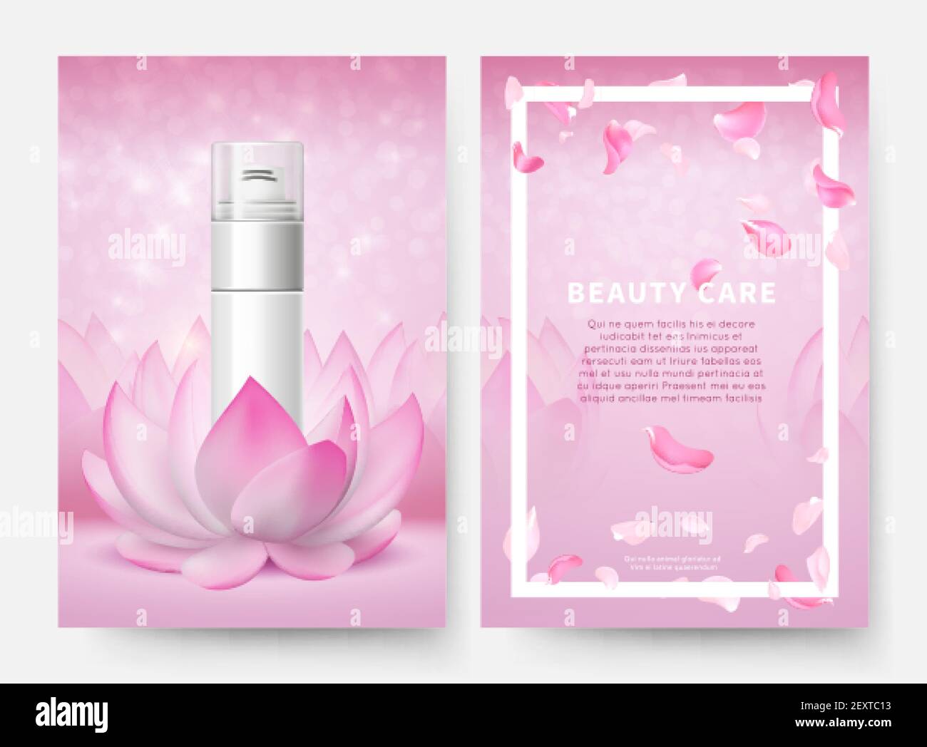 Cosmetic banners. Skin care cosmetic vector flyers template. Shaving foam bottle sprayer container in lotus flower and pink flying petals. Skin cream cosmetic, bottle advertisement illustration Stock Vector