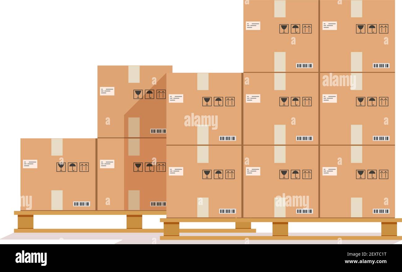 Flat boxes pallet. Cardboard box, cargo wood pallets and parcels. Warehouse stack cartons for delivery. Vector paper containers illustration. Carton container parcel, cargo cardboard Stock Vector