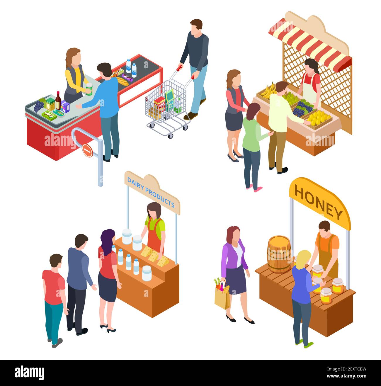 People buy food. Isometric grocery store and farm market. Food queue ...