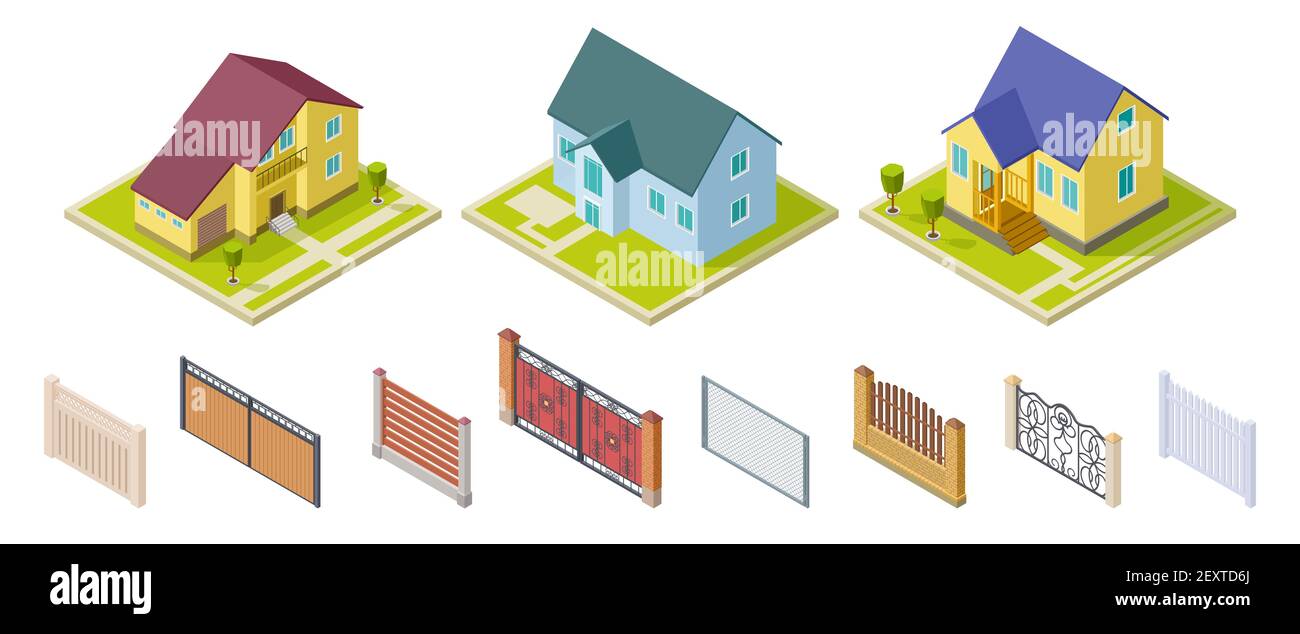 Rural houses and fences. Isolated outdoor design elements. Isometric buildings and gates vector set. Rural building and architecture construction 3d house illustration Stock Vector