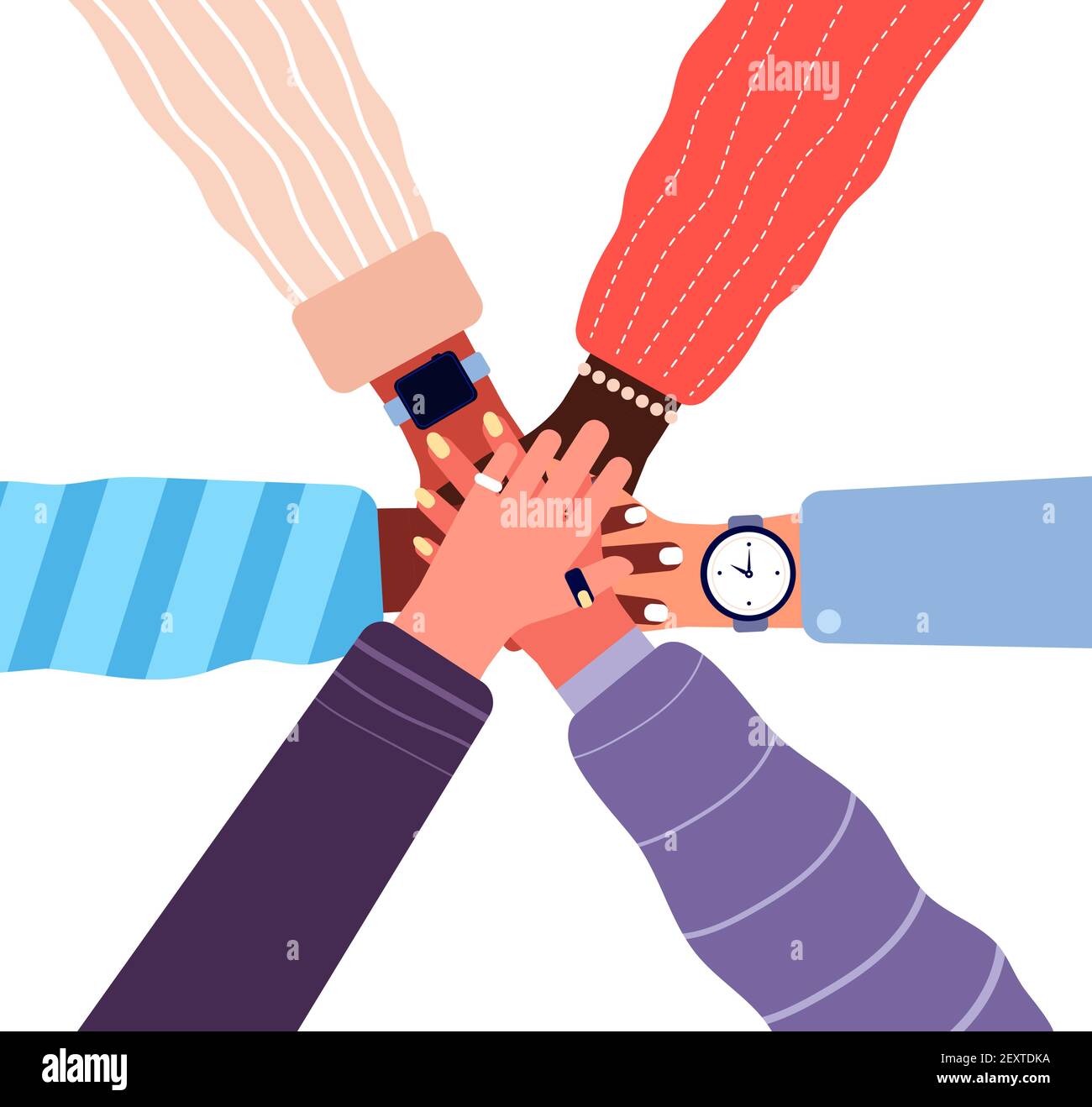 Hands putting together. People business cooperation, unity and teamwork. Stacked friend hands, partnership community vector concept. Illustration friendship strength, human hands together cooperation Stock Vector