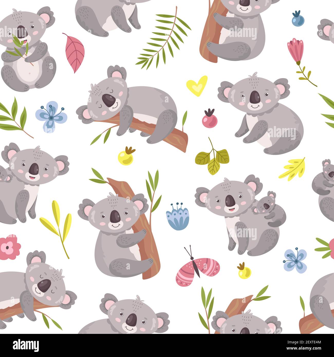 Koala seamless pattern. Cartoon cute australian bear texture. Forest animals with eucalyptus trees and leaves. Vector kid zoo background australian koala, cute animal climb illustration Stock Vector