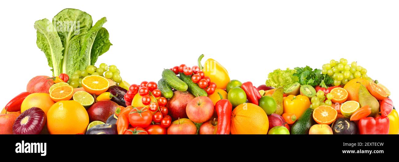 Panorama of fresh vegetables and fruits isolated on white background. Stock Photo