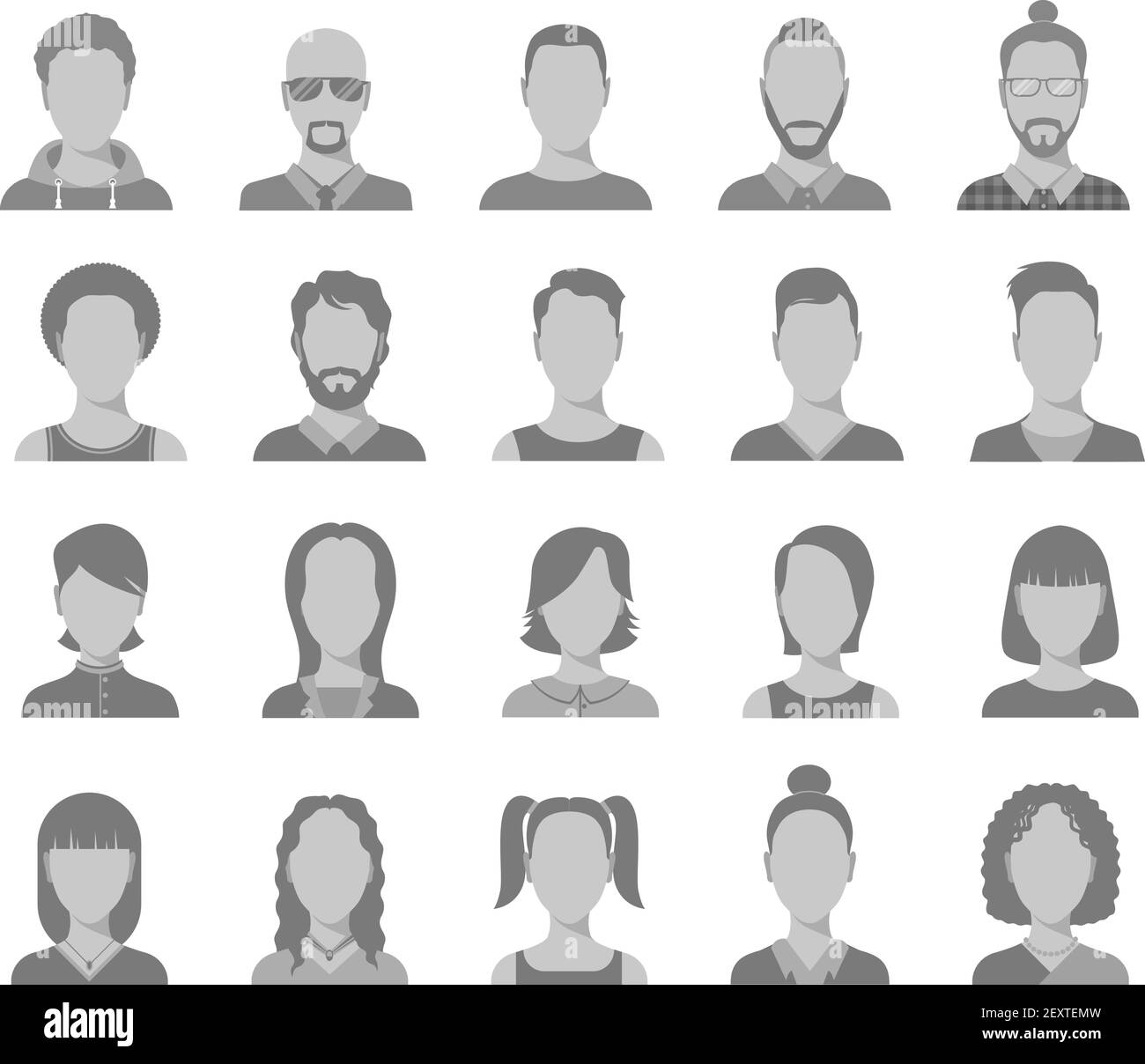 Profile icons. Male and female head silhouettes avatar, user icons, people portraits. Vector set of profile interface user, head human man and woman illustration Stock Vector