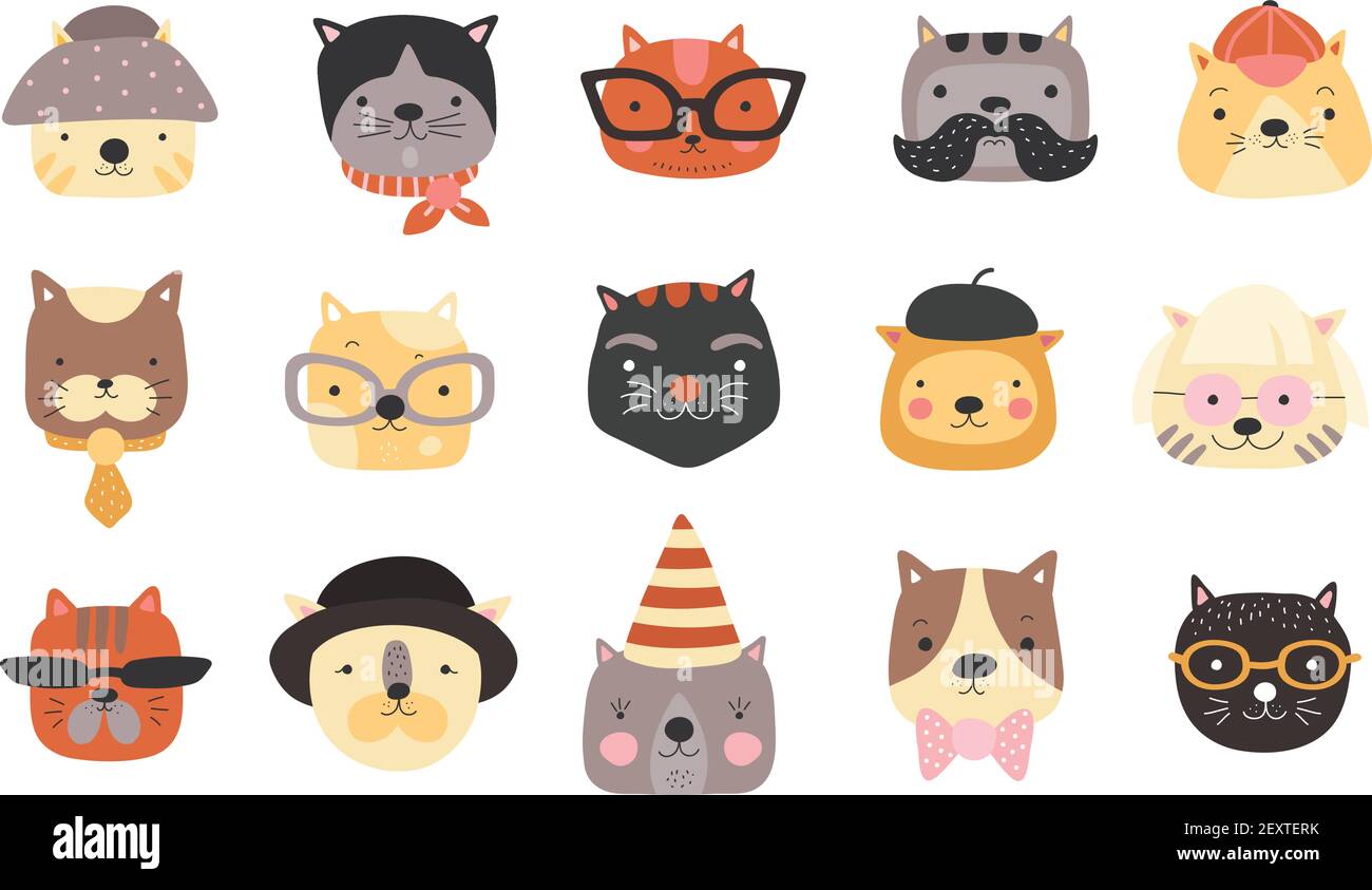 Cat heads. Cute cats muzzles with accessories, glasses and hats, bow tie and cap. Happy pets vector characters. Illustration kitten face and cat muzzle head Stock Vector