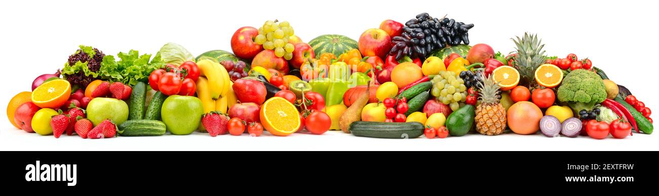 Wide collage ripe, fresh vegetables, fruits and berries isolated on white background. Stock Photo