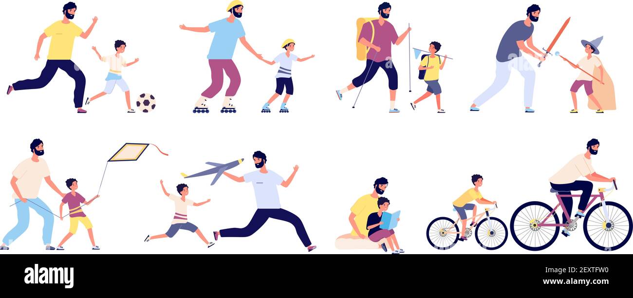 Father with children. Happy fatherhood, daddy and kids spending time together playing football, hiking and sunbathing, fishing vector set. Illustration father and sin ride bike and play Stock Vector